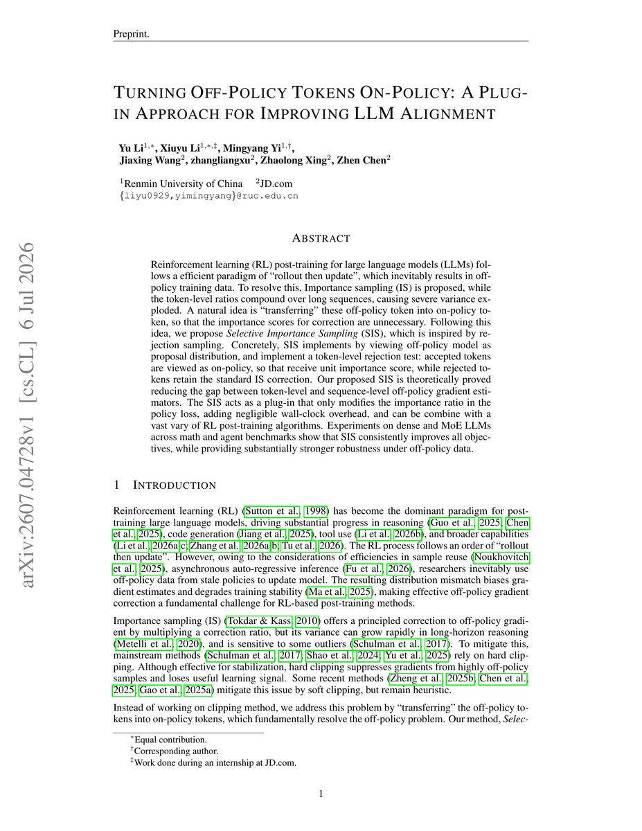 rosinality's tweet photo. https://t.co/o4bRt58hDD

Using rejection sampling to consider accepted tokens as on-policy ones. https://t.co/v8ctfTMIIN