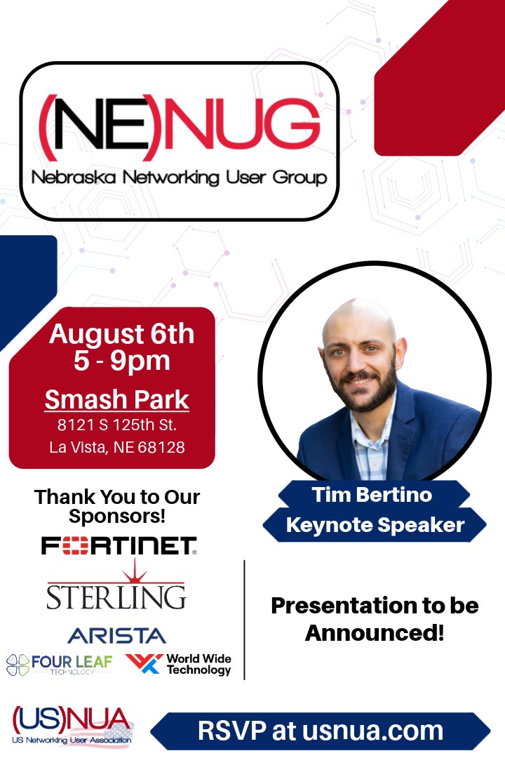 us_nua's tweet photo. The (NE)NUG Summer event is a month away!
Save your confirmation email!
RSVP Here https://t.co/SOd9XcMO8Y
Sponsors:
Gold:Fortinet
Gold:Sterling
Silver:Arista
Silver:Four Leaf Technologies
Silver:WWT
Silver:CDW
Fortinet: https://t.co/2hF6HyD3aZ
Sterling:https://t.co/JxDOqteS5S https://t.co/waXkUTqPpF