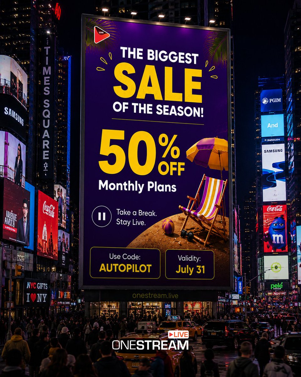 onestreamlive's tweet photo. OneStream on a Times Square billboard. 

50% off monthly plans. Code AUTOPILOT. July 31 is the cutoff.
Don't miss it: 

https://t.co/TJOym5cDnN

#OneStreamLive #LiveStreaming #ContentCreator #StreamingTools https://t.co/lnsJ22qz2V