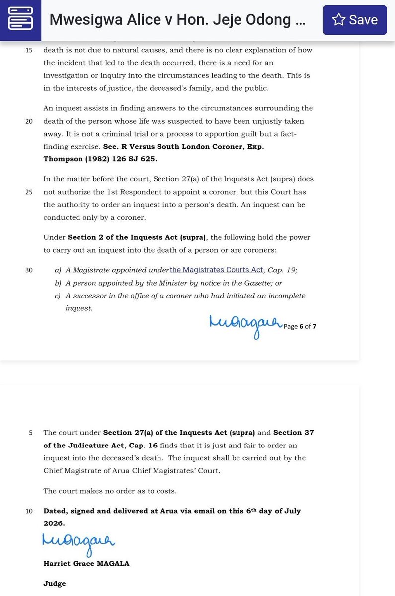 DavidLRubongoya's tweet photo. 7 years and 10 months after he was brutally shot dead in Arua, the High Court has finally ordered an inquest into the death of Yasin Kawuma who was a driver to our leader @HEBobiwine. (An inquest is a judicial investigation to establish the facts surrounding a specific event, most commonly an unexplained, sudden, or violent death. It is a fact-finding inquiry typically led by a coroner or a magistrate.) 

Although this matter was filed in 2019, it was not until yesterday that judgment was delivered. Even then and regardless of the outcome, this goes to show the importance of always documenting and filing these cases and keeping them on record. As the saying goes, omusango teguvunda (a case doesn't rot). Eventually, such cases get revisited! 

Special tribute to Senior Counsel, Ladislaus Rwakafuzi who filed this matter before he became indisposed, and his assistants who continued to follow it up.