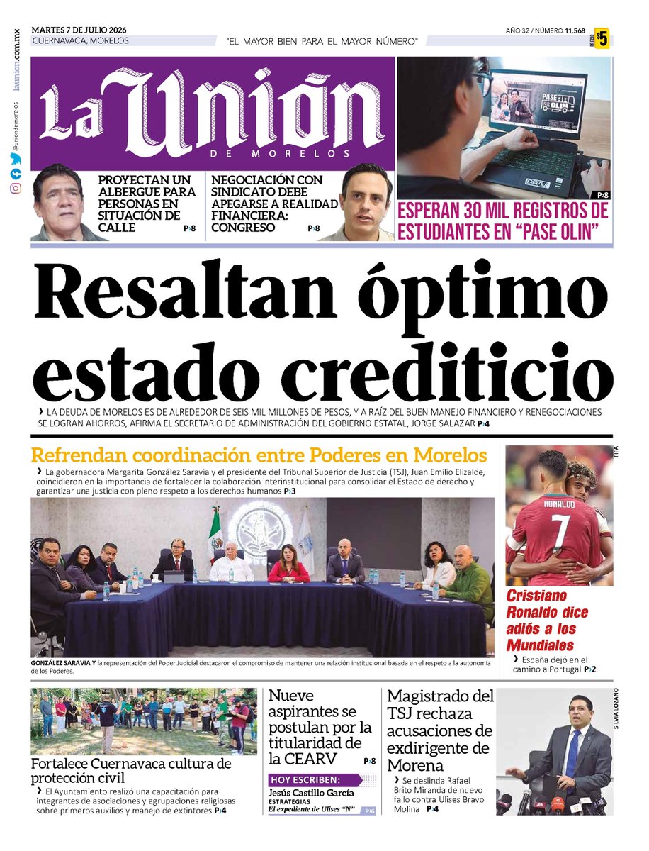 UniondeMorelos's tweet photo. 🕐 Martes con todo: tu edición de hoy en La Unión de Morelos.
📊 Resaltan óptimo estado crediticio; deuda estatal ronda 6 mil mdp con ahorros por buen manejo financiero.
🤝 Gobernadora y presidente del TSJ refrendan coordinación entre Poderes en Morelos.
🎓 Esperan 30 mil registros