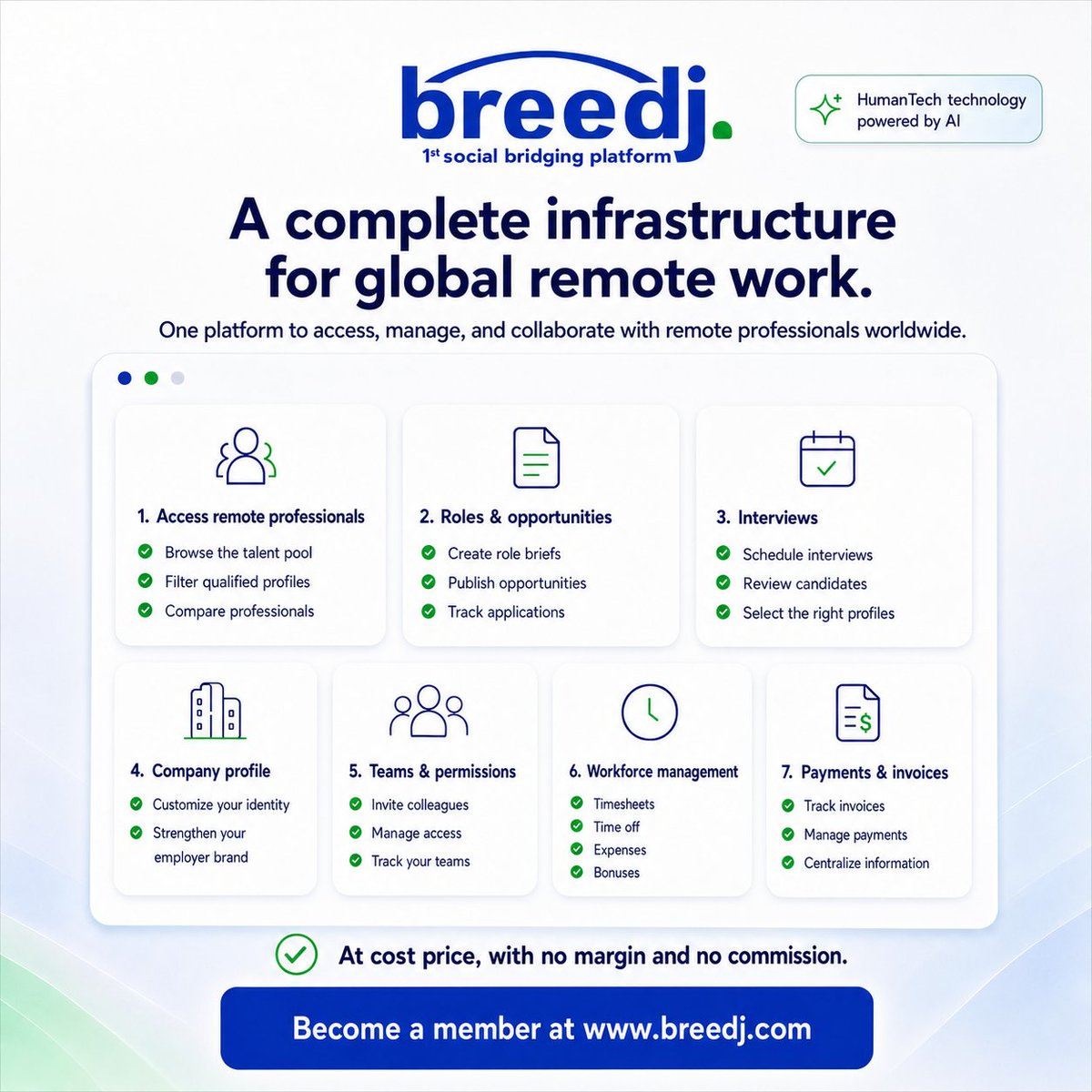 Breedj_official's tweet photo. Breedj helps companies access, manage, and collaborate with remote professionals worldwide through one clear infrastructure.
AI matching, team management, payments, invoices, and daily operations.
At cost price, with no margin no commission.
#Breedj #RemoteWork #HumanTech https://t.co/MYe515ZaxH
