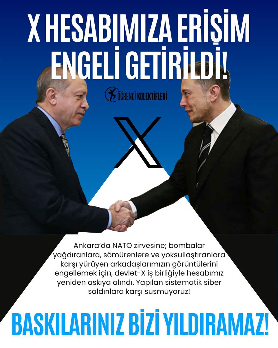 kolektifler15's tweet photo. 📌X hesabımız yeniden engellendi! 

Ankara’da NATO zirvesine; bombalar yağdıranlara, sömürenlere ve yoksullaştıranlara karşı yürüyen arkadaşlarımızın görüntüleri engellenmeye çalışılıyor! 

Kapatsınlar, yine açarız! Meydanları gençlere kapatsınlar, biz yine sel olup akarız! https://t.co/auypUxHuxT