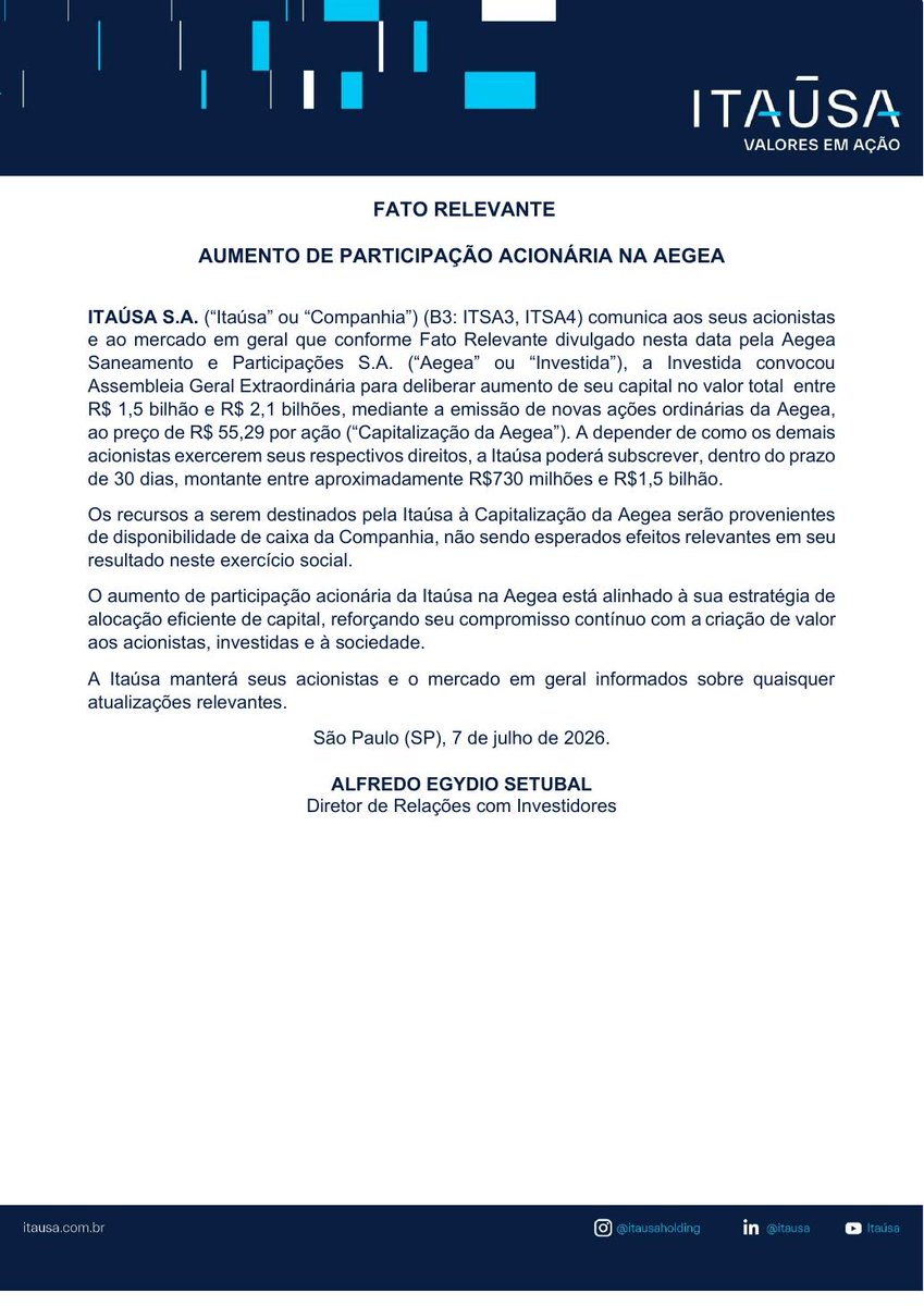 AvisosDaBolsa's tweet photo. ITAUSA S.A. - Aumento de participação acionária na AEGEA #ITSA3 #ITSA4 https://t.co/d42LMPA91v