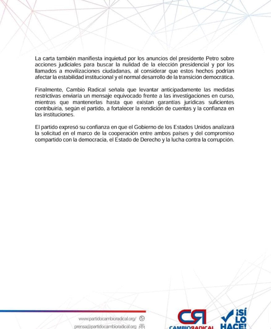 PCambioRadical's tweet photo. El Director Adjunto de Cambio Radical, Enrique Vargas Lleras, solicitó oficialmente al Secretario de Estado de Estados Unidos, Marco Antonio Rubio, mantener las medidas restrictivas impuestas por la OFAC contra Gustavo Petro y su núcleo familiar, mientras avanzan las investigaciones en curso.