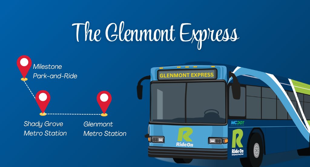 MCDOTNow's tweet photo. Have you heard about the #GlenmontExpress Bus? It runs on weekdays during AM &amp; PM peak times every 40 minutes, with stops at #Milestone, #ShadyGroveMetro, #GlenmontMetro
➡️https://t.co/zuIk2eF8iS
@MontgomeryCountyMD @Rideonmct https://t.co/en6KBRuZ9c