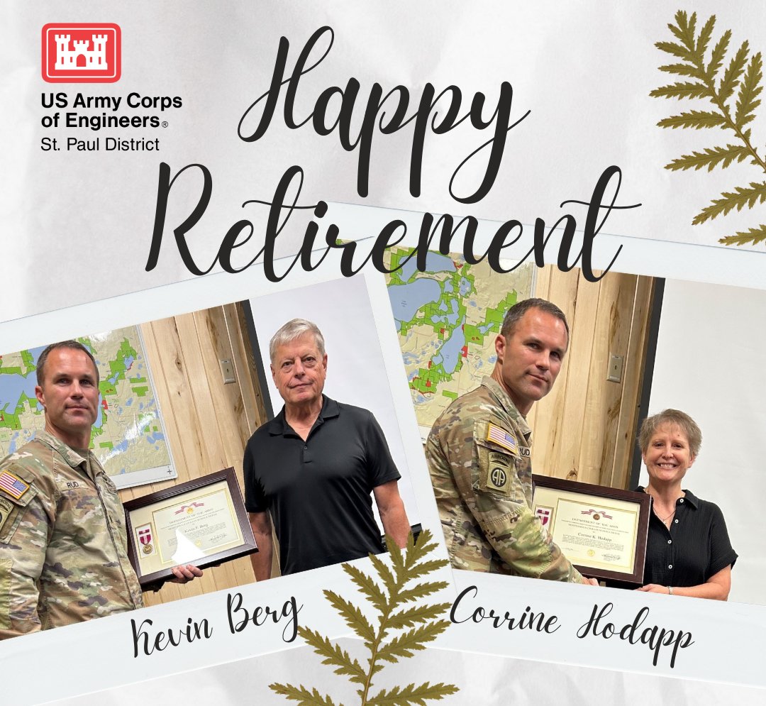 StPaulUSACE's tweet photo. Congratulations to Kevin Berg and Corrine Hodapp on the occasion of their retirement from civilian service with the U.S. Army Corps of Engineers as they were presented with the Meritorious Civilian Service Medal along with a retirement certificate.
#BuildingStrong
#USACEMVD https://t.co/glaP9AKC1L