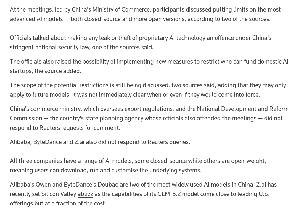 pranesh's tweet photo. Chinese Ministry of Commerce reportedly considering tiered access to Chinese models. The ministry recently held a meeting w/ companies. The "scope of the potential restrictions is still being discussed" acc. to Reuters.

#FOSS #OpenModels #China #genAI

https://t.co/uykXyPSNXU https://t.co/tHD0rr4ZK5