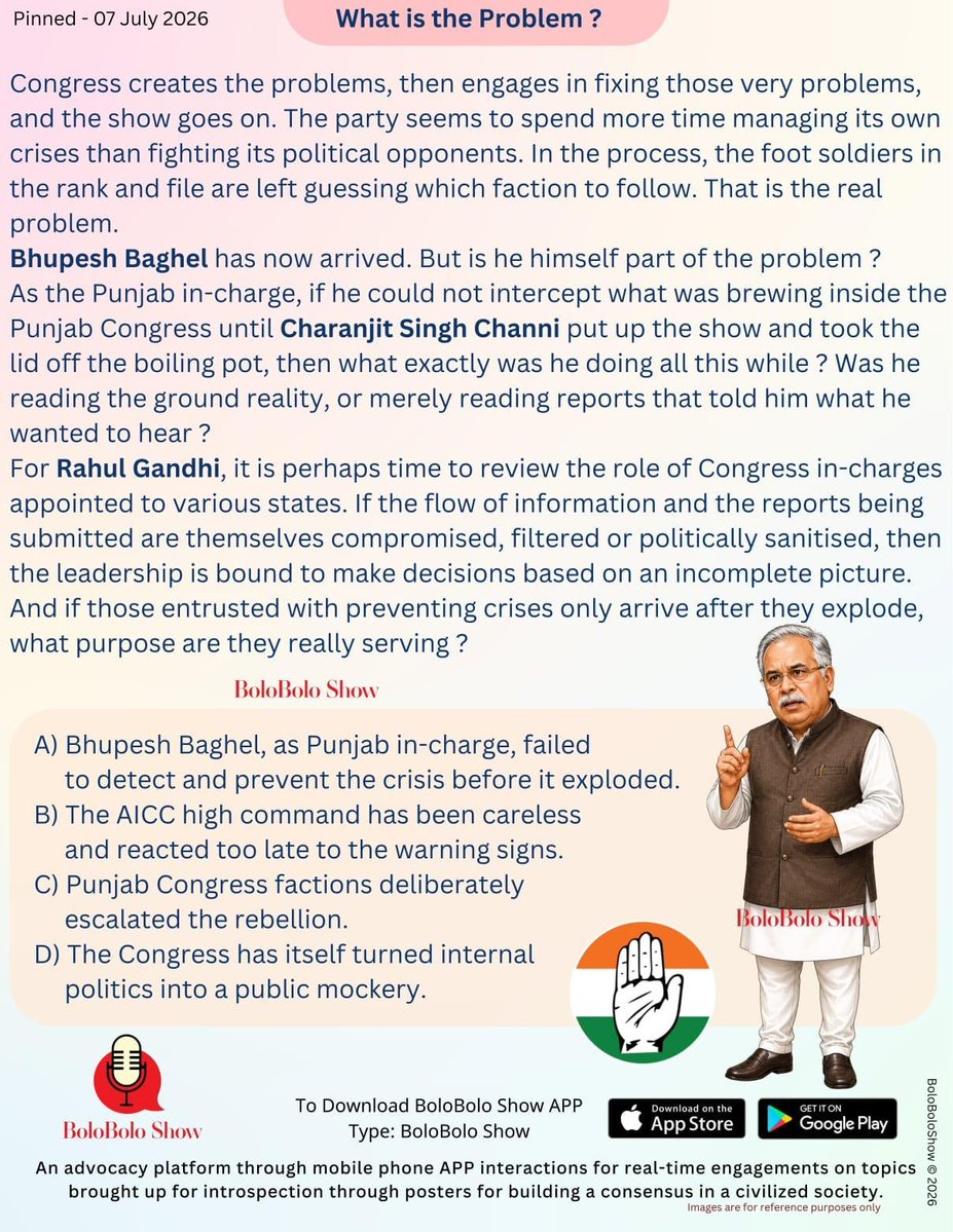BoloBoloShow's tweet photo. Congress keeps appointing firefighters to blazes that its own internal politics keeps igniting. If leaders  arrive only after the crisis explodes, is the real problem the factions, or the system that's supposed to manage them? @bhupeshbaghel @RajaBrar_INC @CHARANJITCHANNI https://t.co/SVs4S8npmK
