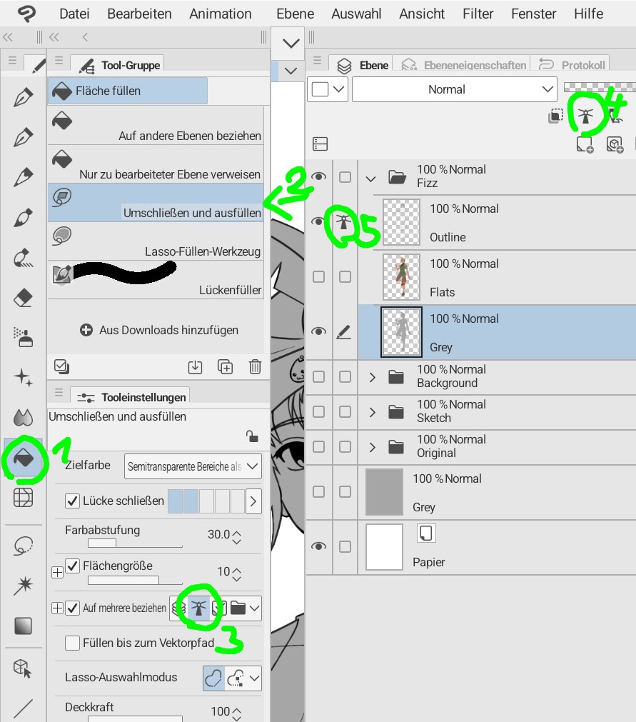 Alphidius_'s tweet photo. @IceFireMist @clipstudiopaint Normal sub fill tool, but you have to set a Reference Layer or folder Ref otherwise it will fill all Outlines. https://t.co/Xg8UPglEor