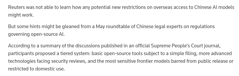 pranesh's tweet photo. Chinese Ministry of Commerce reportedly considering tiered access to Chinese models. The ministry recently held a meeting w/ companies. The "scope of the potential restrictions is still being discussed" acc. to Reuters.

#FOSS #OpenModels #China #genAI

https://t.co/uykXyPSNXU https://t.co/tHD0rr4ZK5