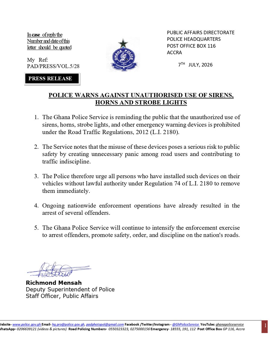 GhPoliceService's tweet photo. PRESS RELEASE:

POLICE WARNS AGAINST UNAUTHORISED USE OF SIRENS, HORNS AND STROBE LIGHTS https://t.co/RzJxPJ34Wr