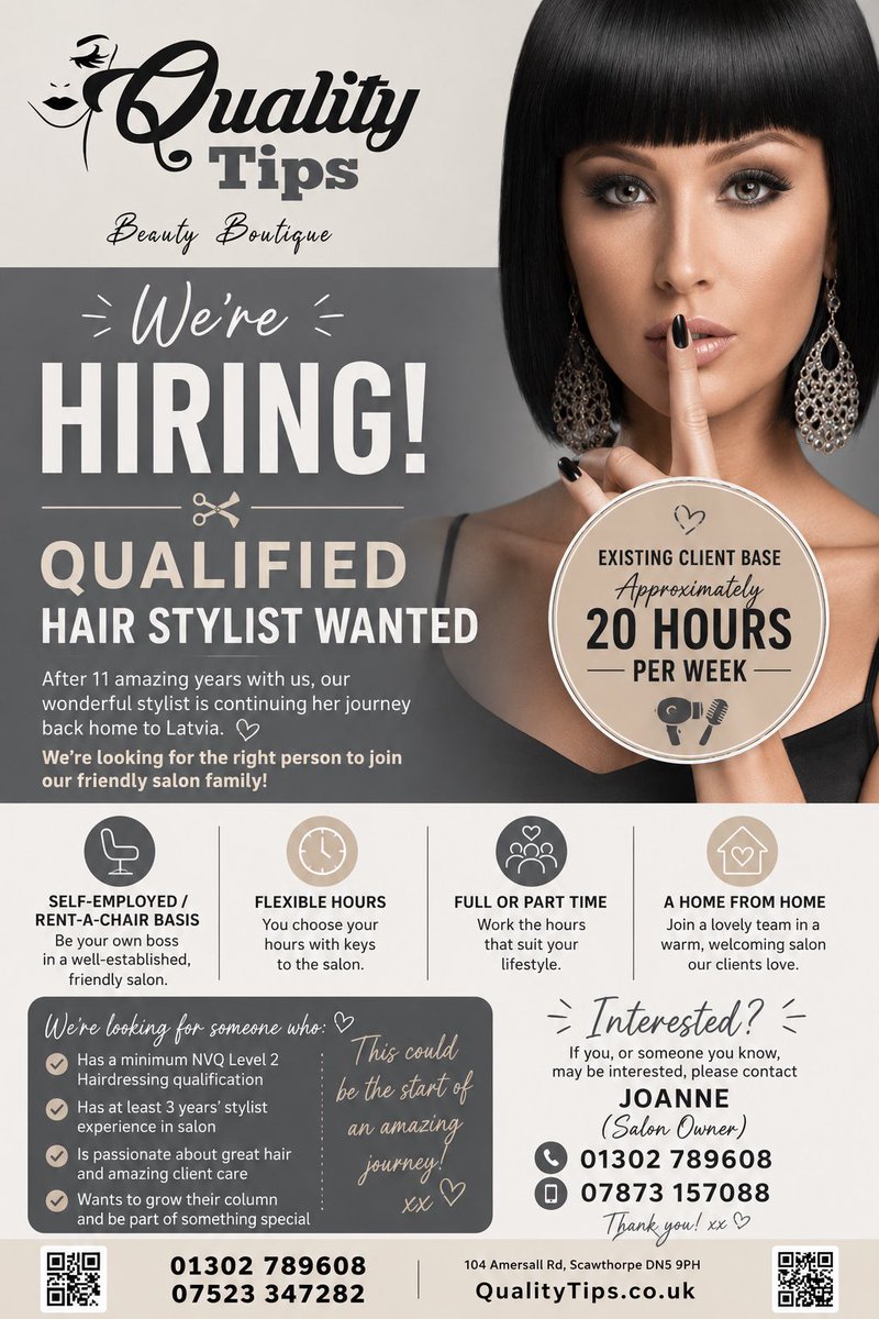 Quality_Tips's tweet photo. We are looking for an establish hairdresser to take over 20 hours of clients from August #doncasterjobs #doncasterisgreat https://t.co/W7832QNg4u