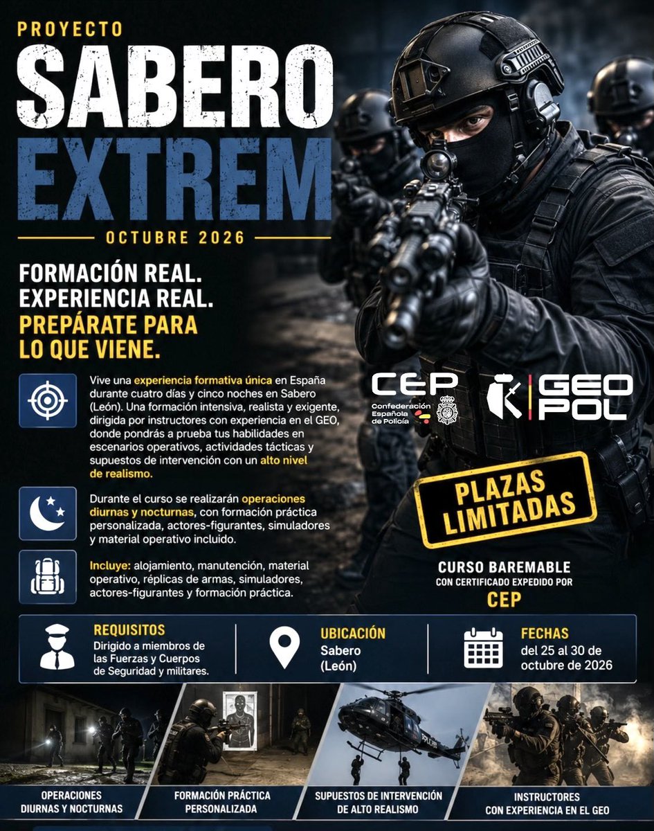 cep_cepolicia's tweet photo. 🔝 Ya en tu correo, los detalles del Proyecto Sabero Extrem. Una iniciativa de @AcademiaGeopol que, con el apoyo de @cep_cepolicia, te ofrece una experiencia operativa insuperable con los mejores instructores tácticos.

👮🏻‍♂️👮🏻 Si además tu reto es el ascenso, accede a los cursos de apoyo a precios imbatibles, con el mejor material, profesorado de primera, la plataforma más potente y cuatro sedes.

👨🏻‍💻 Afíliate en un minuto para acceder a estas ventajas: https://t.co/N2qysDJIbN