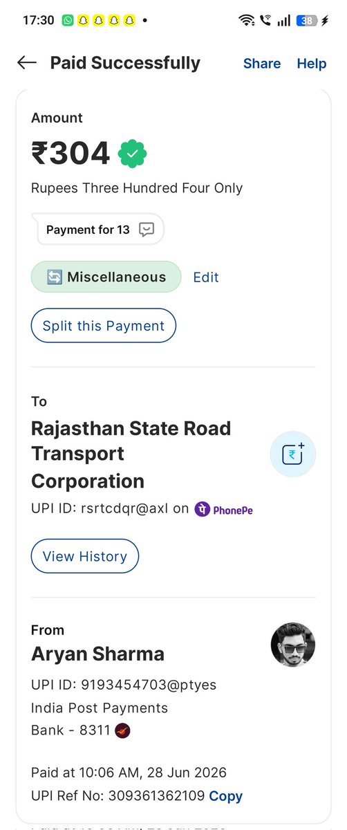 aryan_0204's tweet photo. Dear @OfficialRSRTC, I paid ₹304 via Paytm UPI on 28 June 2026 for a Jaipur-Delhi bus ticket. The amount was debited, but the conductor's machine showed the transaction as failed, so I had to pay again in cash.Complaint No. 20260707009358.Kindly process my refund@RajGovOfficial https://t.co/fUDxLShN0F