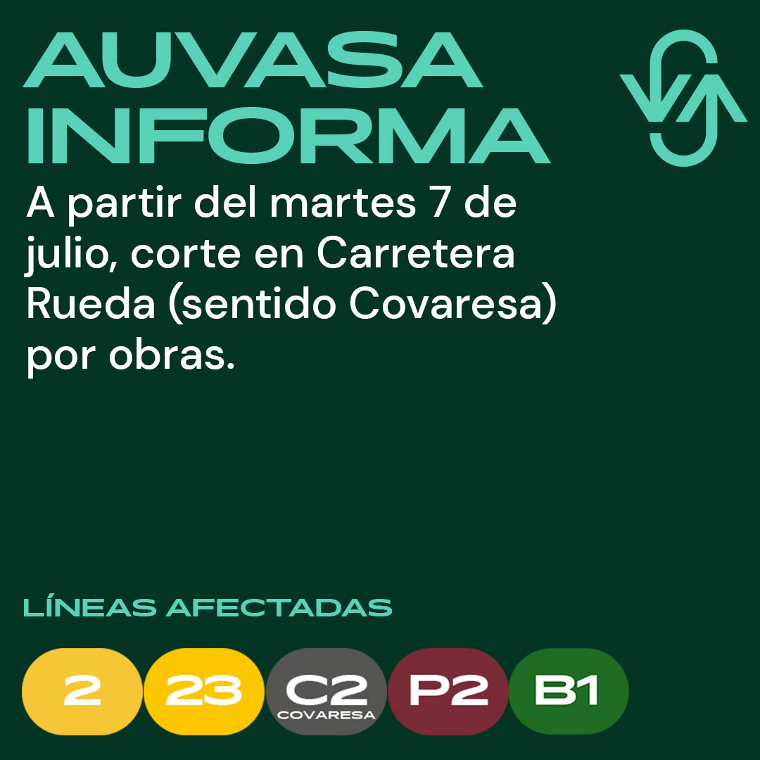 AuvasaVLL's tweet photo. ⛔ Se mantiene cortada la #CarreteraRueda (sentido Covaresa) por trabajos de @aqua_vall

🚍 Líneas afectadas: 2, 23, C2 (Covaresa), P2 y B1

❌🚏 Carretera Rueda 36, fte. 41 e Imserso
✅🚏 Más cercanas: Paseo Zorrilla 198, 238 o Carretera Rueda esq. Pza. Maragatería https://t.co/r6ZNRhsmdc