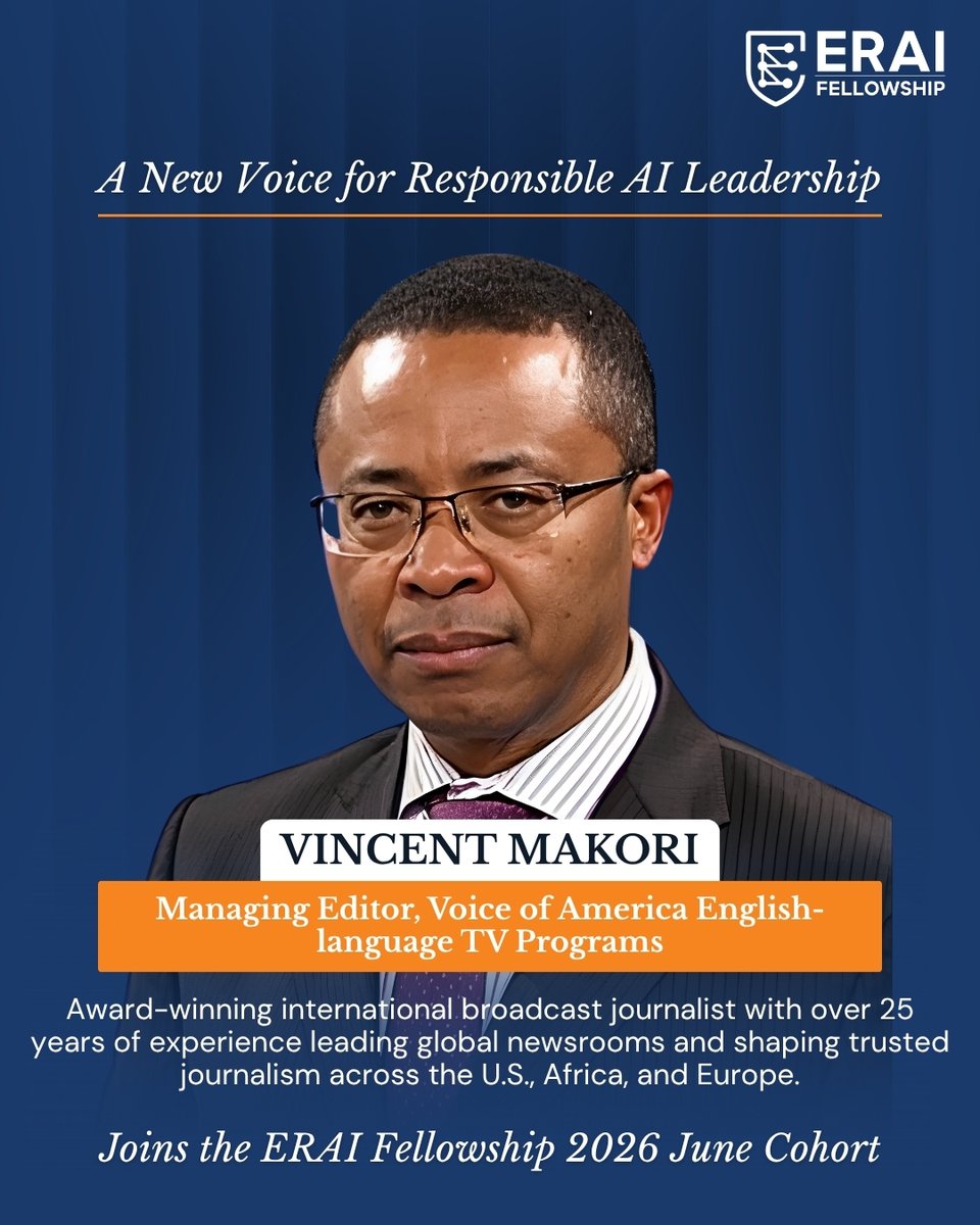 ERAI_2026's tweet photo. Bringing decades of trusted journalism into the future of AI.

We're proud to welcome @VOAVinceMakori , Managing Editor, Voice of America English-language TV Programs, to the ERAI Fellowship 2026 – June Cohort. His global journalism expertise will strengthen conversations on responsible AI and trusted leadership.

Join KNC for more- https://t.co/5rN98YEMng

#ERAIFellowship #ResponsibleAI #AILeadership #TrustedJournalism #GlobalMedia #ArtificialIntelligence #ResponsibleInnovation