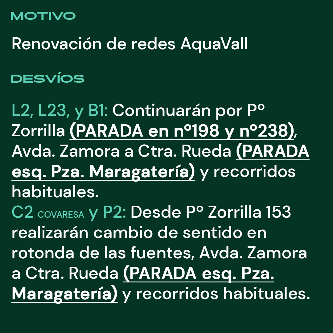 AuvasaVLL's tweet photo. ⛔ Se mantiene cortada la #CarreteraRueda (sentido Covaresa) por trabajos de @aqua_vall

🚍 Líneas afectadas: 2, 23, C2 (Covaresa), P2 y B1

❌🚏 Carretera Rueda 36, fte. 41 e Imserso
✅🚏 Más cercanas: Paseo Zorrilla 198, 238 o Carretera Rueda esq. Pza. Maragatería https://t.co/r6ZNRhsmdc
