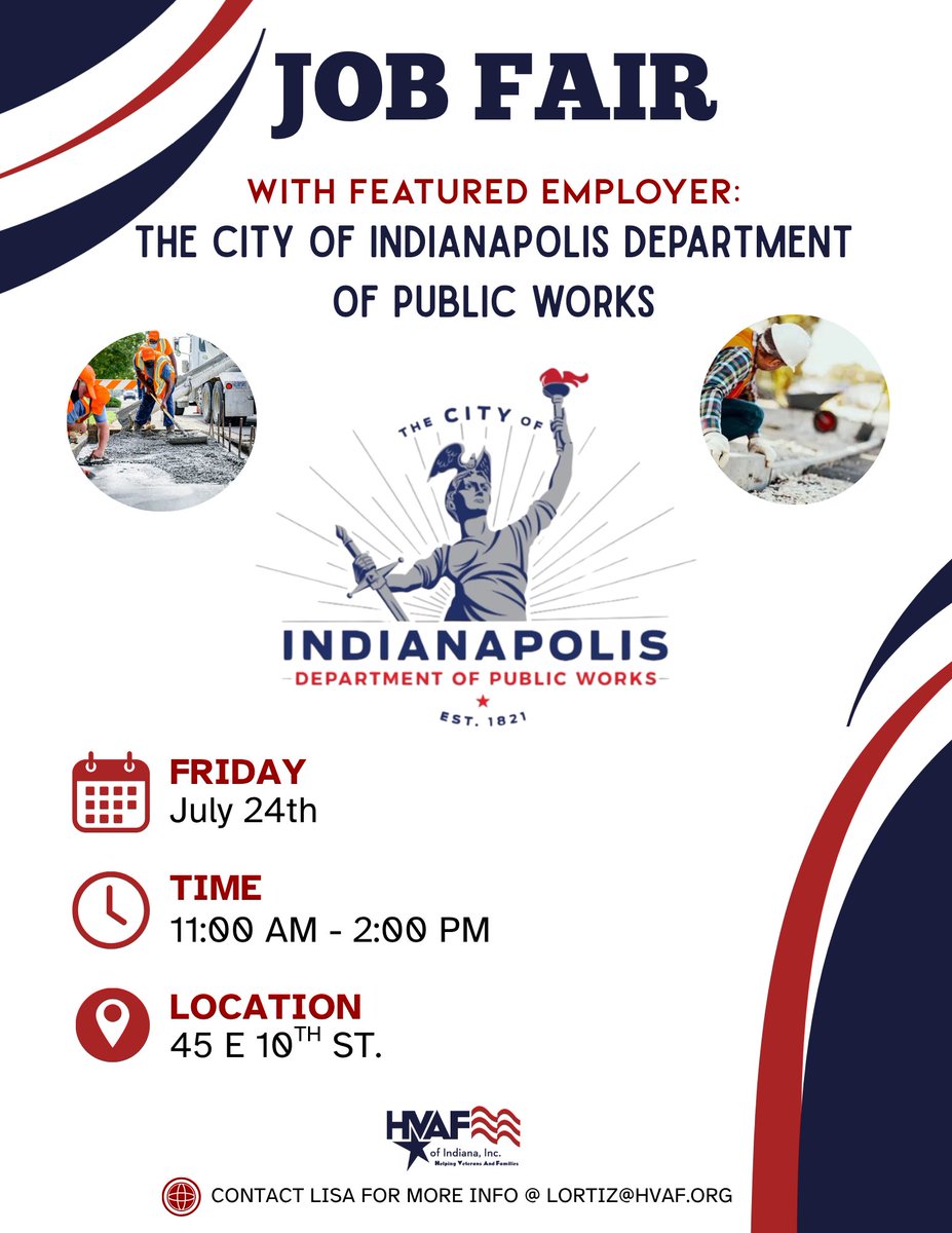 HVAFofIndiana's tweet photo. Veterans, your next opportunity is closer than you think. 

In 2 weeks, HVAF is hosting our next job fair with featured employer, the Indianapolis Department of Public Works!

Come connect with a team that values you!📩 Email lortiz@hvaf.org for more details.

#Veterans #IndyJobs https://t.co/4KPBKobuLe