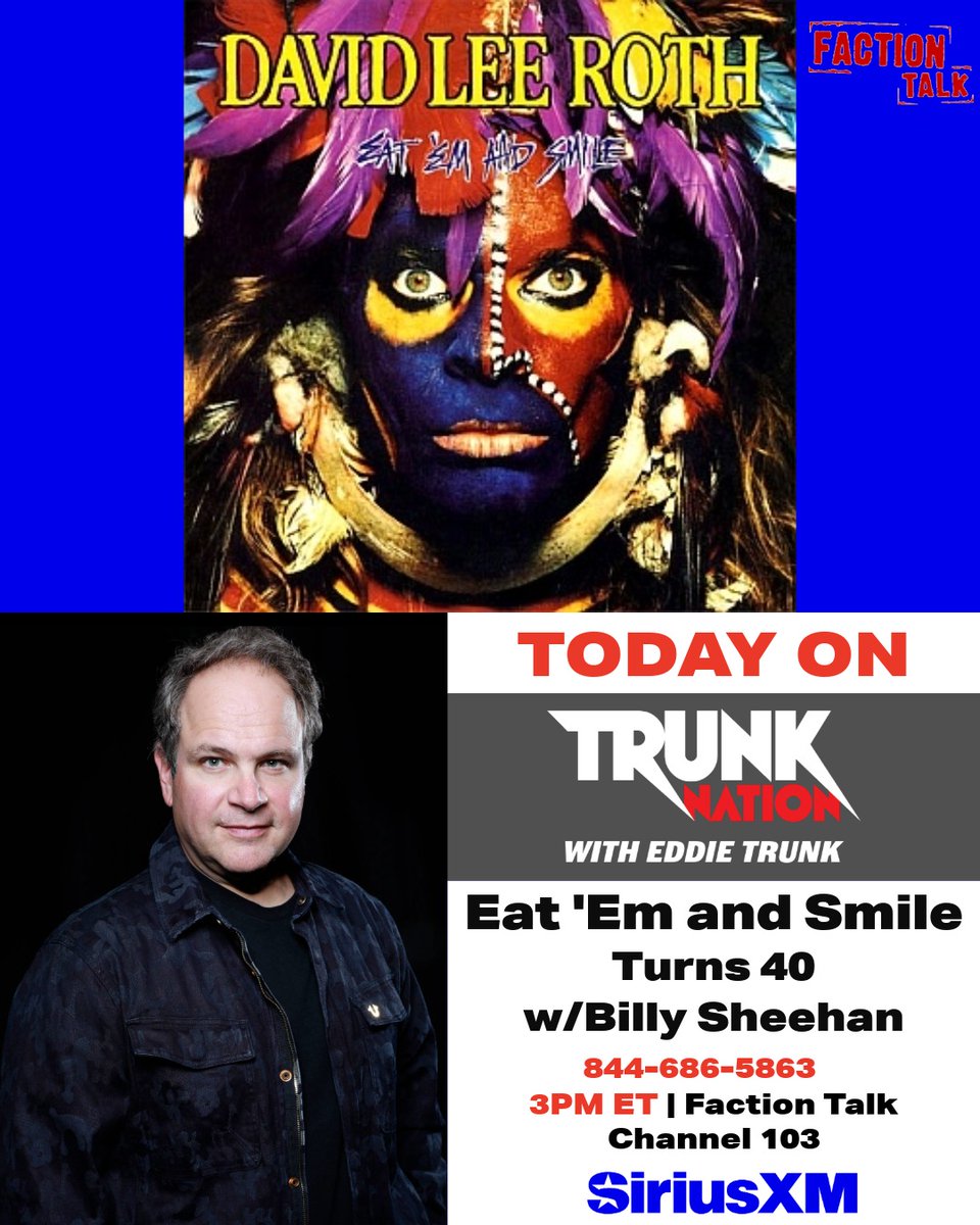 TrunkNationSXM's tweet photo. Today on #TrunkNation - @EddieTrunk celebrates 40 years of @DavidLeeRoth's Eat 'Em And Smile with @BillyonBass! Then open phones on the album anniversary or anything else ROCK!

📞844-686-5863
⏰3-5pET
📻@factiontalkxl 103 &amp; the @SIRIUSXM app: https://t.co/nwKVQse6VH https://t.co/SVhFb3wdDu