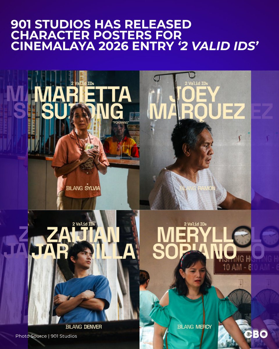 cbo_channel's tweet photo. LOOK: 901 Studios has released character posters for the upcoming Cinemalaya 2026 entry '2 Valid IDs'
Directed by Ma-an L. Asuncion-Dagñalan, the film stars Pokwang, Joey Marquez, Zaijian Jaranilla, Meryll Soriano. In limited PH cinemas August 2026. #Cinemalaya2026 #2ValidIDs https://t.co/bqUvBgulN3