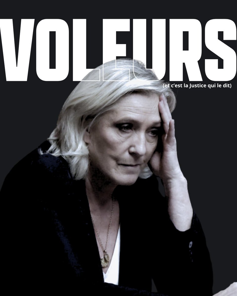 leilachaibi's tweet photo. VOLEURS ! (et c'est la justice qui le dit)

"Les faits sont graves". Détournement de fonds publics et complicité. Voilà le bilan de Marine Le Pen et son parti.

3 ans de prison, dont 1 ferme sous bracelet électronique, 100 000€ d’amende, 45 mois inéligibilité dont 30 avec sursis https://t.co/jCbefs2UsH