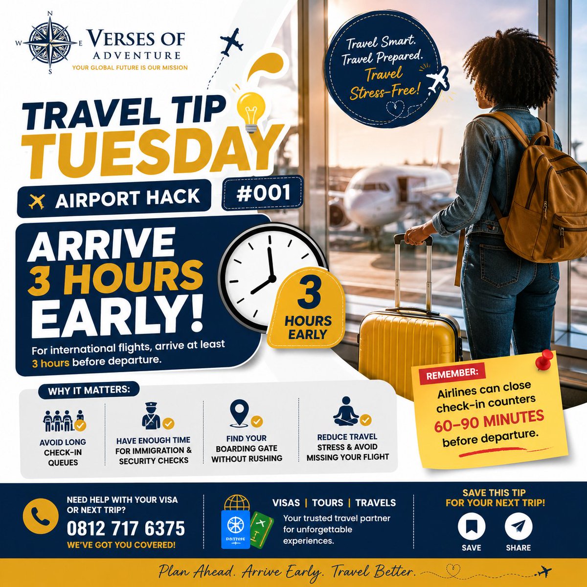 LadyC_Jay's tweet photo. TRAVEL TIP TUESDAY; AIRPORT HACK 001 

One of the easiest ways to reduce travel stress is to arrive at the airport at least 3 hours before your international flight. https://t.co/L398hzyFDn