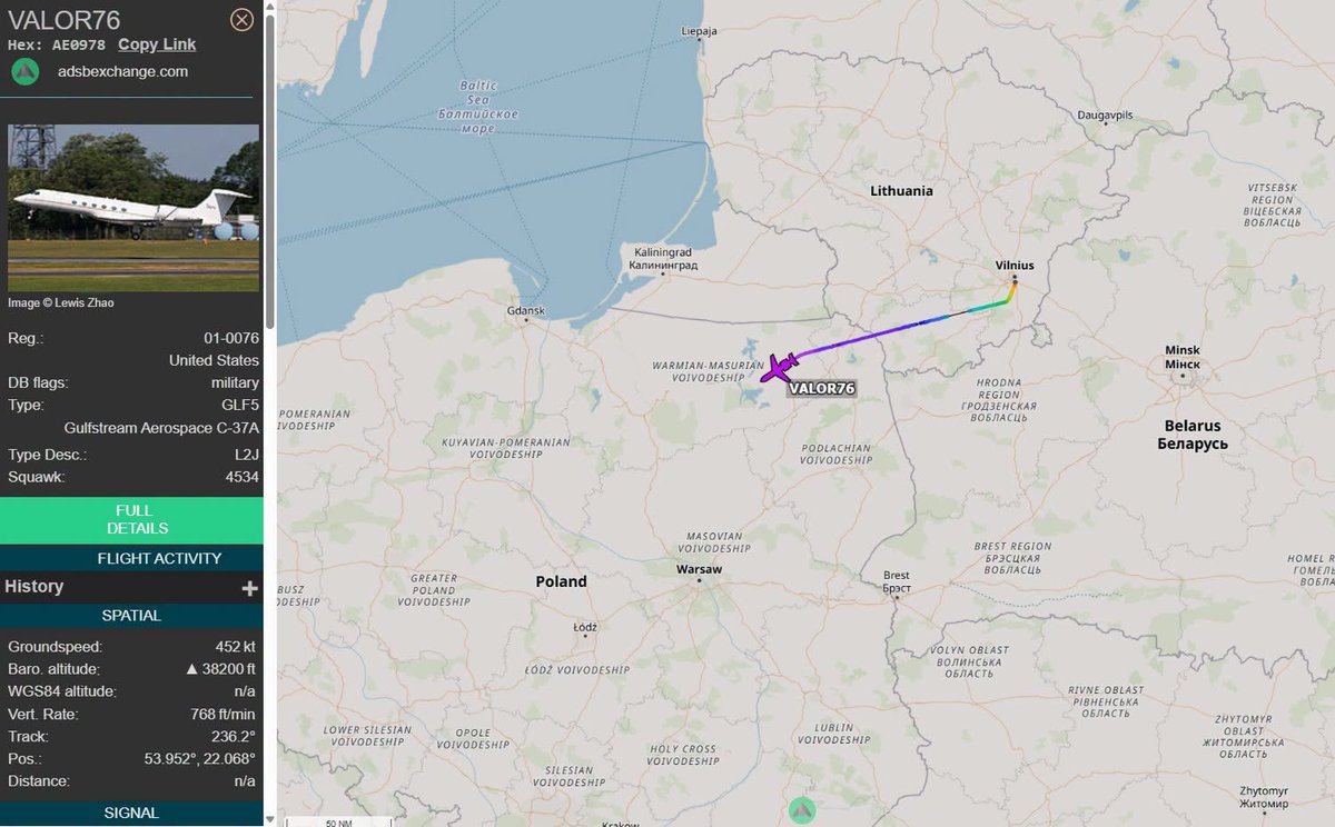 PolishMilRadar's tweet photo. 📅 07.07 🕒 14:17LT - 🇺🇸✈️ Gulfstream V USAF wraca do Ramstein 🇩🇪
🇺🇸 Siły Powietrzne Stanów Zjednoczonych #USAF
✈️ Gulfstream V | Reg: 01-0076
🛫 Wilno #EYVI 🇱🇹
🛬 Baza Lotnicza Ramstein #ETAR 🇩🇪
#VALOR76 wznosi ↗️
🔗 https://t.co/OMqgMbwZnX
#POLMILRADAR https://t.co/8dzwV54Od1