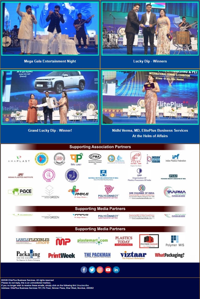 PolymerMIS's tweet photo. Press Release - 1200 attendees | 500+ Org.| 17 Countries | Global Leaders Defining Forward Growth Path @ ElitePlus - 11th Rigid Plastics Moulding & Packaging Summit (Injection, Blow & PET)
#exhibition #injection #moulding #blow #blowmoulding #pet #Summit2026
@eliteplusindia https://t.co/iZz2xO9cE5