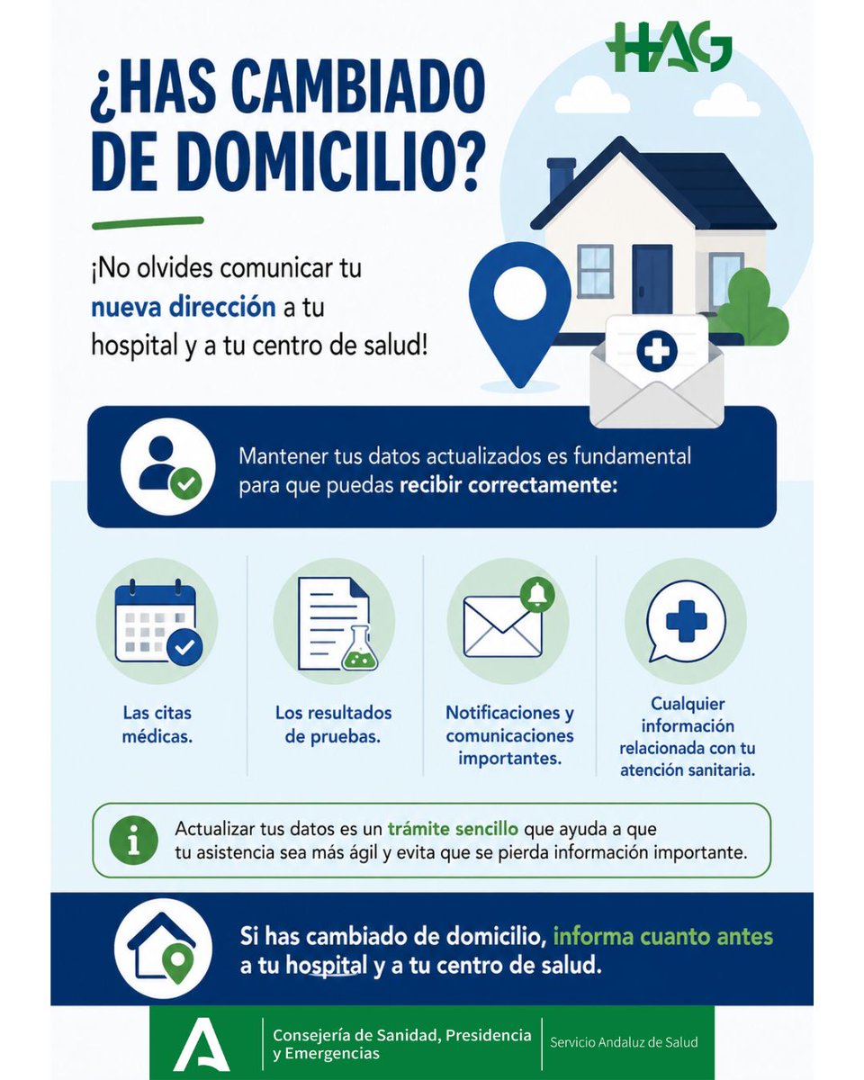HospitalAltoG's tweet photo. ¿Has cambiado de domicilio recientemente?
¡No olvides comunicar tu nueva dirección a tu hospital y al Centro de Salud!
Mantener tus datos de contacto actualizados es fundamental para que puedas recibir tus notificaciones. https://t.co/E6T2wlYmC4
