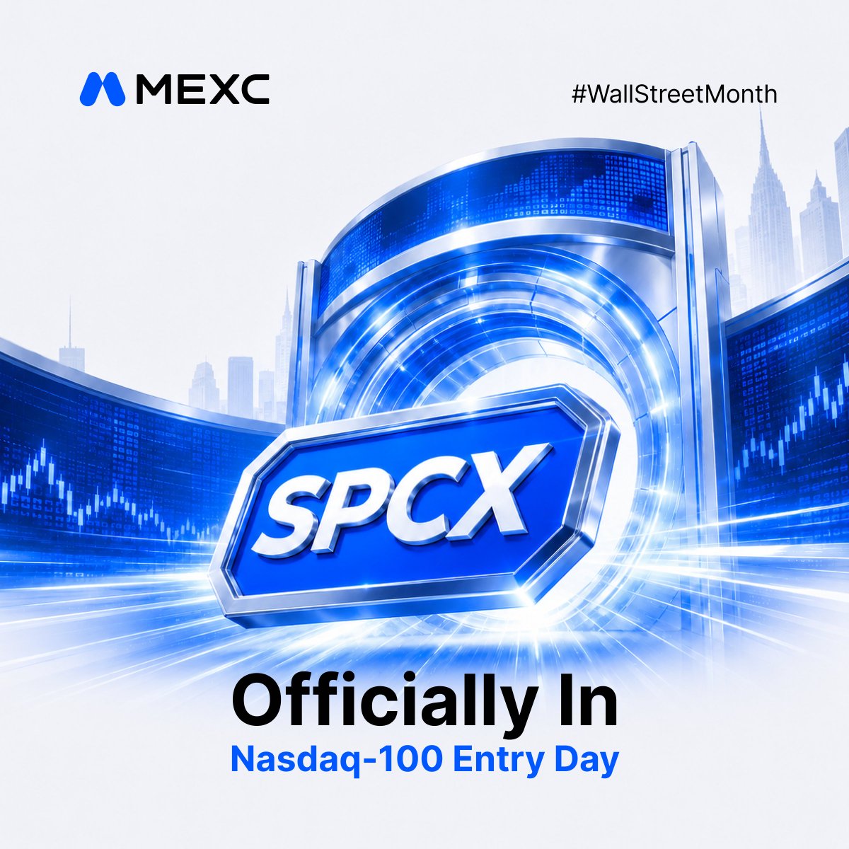 MEXC's tweet photo. 🚨$SPCX just hit a bigger stage.

Nasdaq-100 inclusion is official.

More eyes. More flow. More volatility.

Are you trading the next move? 👇

#WallStreetMonth