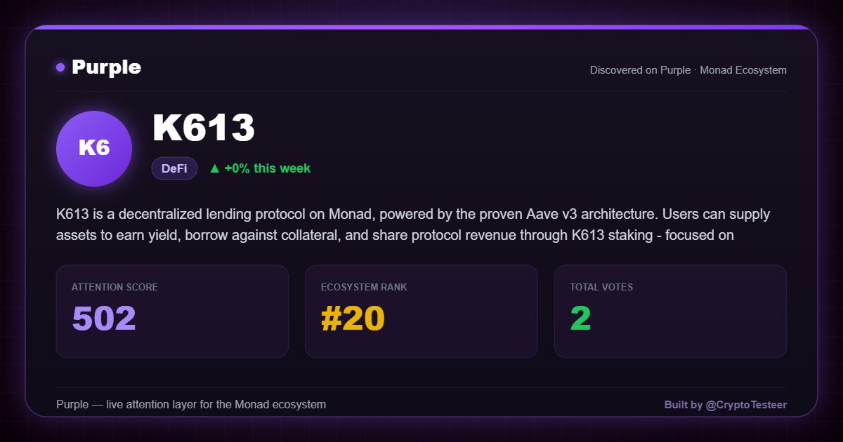 K613_Official's tweet photo. GM, Monad frens 🟣

K613 is officially listed on Purple Layer.

If you're bullish on what we're building, don't just lurk - send a vote and help us dominate the leaderboard.
@purple_layeer https://t.co/HY9LMxSrAG