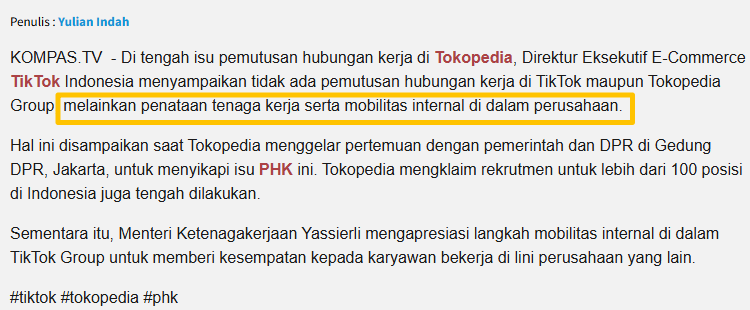 txtkarir's tweet photo. KETIKA AKUISISI JADI MIMPI BURUK KARYAWAN🥲

Bayangin kerja di perusahaan gede, eh tau-tau 90% tim kamu dirumahkan gara-gara diakuisisi. Ini bukan drama, ini beneran kejadian di Tokopedia..

Awal 2024, TikTok resmi ambil alih 75,01% saham Tokopedia dari GoTo. Otomatis TikTok jadi pemegang kendali penuh atas operasional Tokopedia & TikTok Shop. GoTo cuma nyisa 24,99% saham doang.

Awalnya kelihatan biasa aja. Tapi pelan-pelan, gelombang PHK mulai berdatangan. Juni 2024: sekitar 450 karyawan kena PHK pertama, alasannya "tumpang tindih posisi" pasca merger sama TikTok Shop.

Pertengahan 2025, giliran divisi IT, customer care, sampai fulfillment yang kena. Total 420-an karyawan dirumahkan. Tim teknis yang masih survive? Harus "pindah" koordinasi ke China.

Awal Juli 2026, bom terbesar meledak. Dari sekitar 1.100 karyawan tim teknologi sebelum akuisisi, sekarang cuma nyisa 35 orang doang. Dari total 2.500 karyawan Tokopedia pas awal akuisisi, cuma sekitar 10% yang bertahan.

Artinya apa? Hampir seluruh sistem & pengembangan teknologi Tokopedia + TikTok Shop sekarang dipegang langsung sama tim ByteDance di China. Bukan lagi tim lokal Indonesia.

TikTok akhirnya buka suara, katanya ini cuma "penyelarasan organisasi R&D biar fokus ke pertumbuhan bisnis jangka panjang." Klasik banget kan bahasanya 🥲

Sementara itu di sisi lain, GoTo yang udah lepas kendali malah tetep cuan dari fee jasa e-commerce: Rp820 miliar sepanjang 2025, naik 32% dari tahun sebelumnya. Yang untung siapa, yang kena dampak siapa.

Ironis banget: TikTok Shop makin jaya (GMV tembus US$45,6 miliar, gabung sama Tokopedia bisa nyamain 65,7% market share Shopee), tapi tim yang bangun semua itu dari awal justru yang paling banyak "dirumahkan".

Buat kalian yang kerja di perusahaan hasil akuisisi/merger, ini reminder penting: siapin plan B, upgrade skill terus, dan jangan pernah anggap "aman" itu permanen. Integrasi teknologi = red flag paling awal biasanya...🫣

Semangat ya buat yang lagi struggle cari kerja baru..