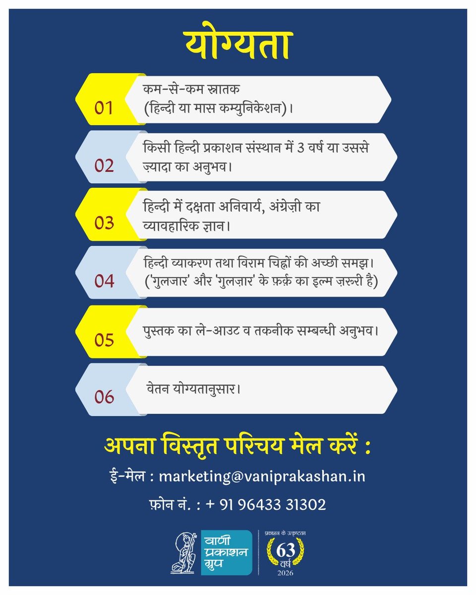 Vani_Prakashan's tweet photo. #hiring
वाणी प्रकाशन ग्रुप अपनी सम्पादकीय टीम के विस्तार हेतु तलाश कर रहा है एक योग्य और अनुभवी हिन्दी प्रूफ़ रीडर की!
📧 आवेदन कैसे करें?
अपना विस्तृत Resume तुरन्त हमें मेल करें:
ई-मेल: marketing@vaniprakashan.in
📞 फ़ोन नं.: +91 96433 31302
#vani63 #ProofReader https://t.co/VQDWbMn2Kx