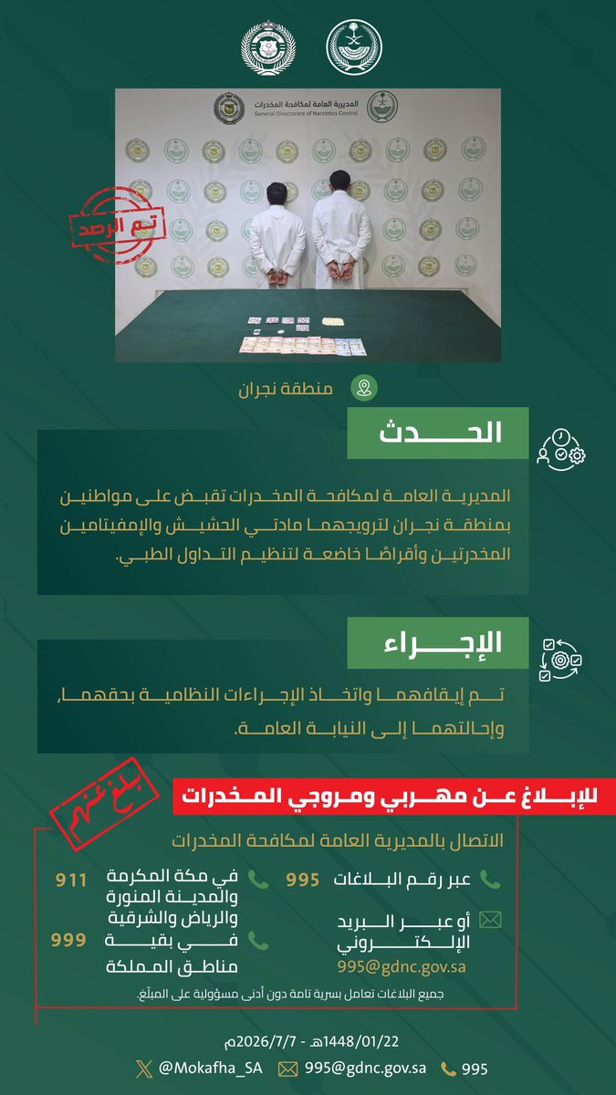 Mokafha_SA's tweet photo. #مكافحة_المخدرات تقبض على شخصين بمنطقة نجران لترويجهما مادتي الحشيش والإمفيتامين المخدرتين وأقراصًا خاضعة لتنظيم التداول الطبي. 
#الحرب_على_المخدرات
#بالمرصاد https://t.co/A6CGLccr7W