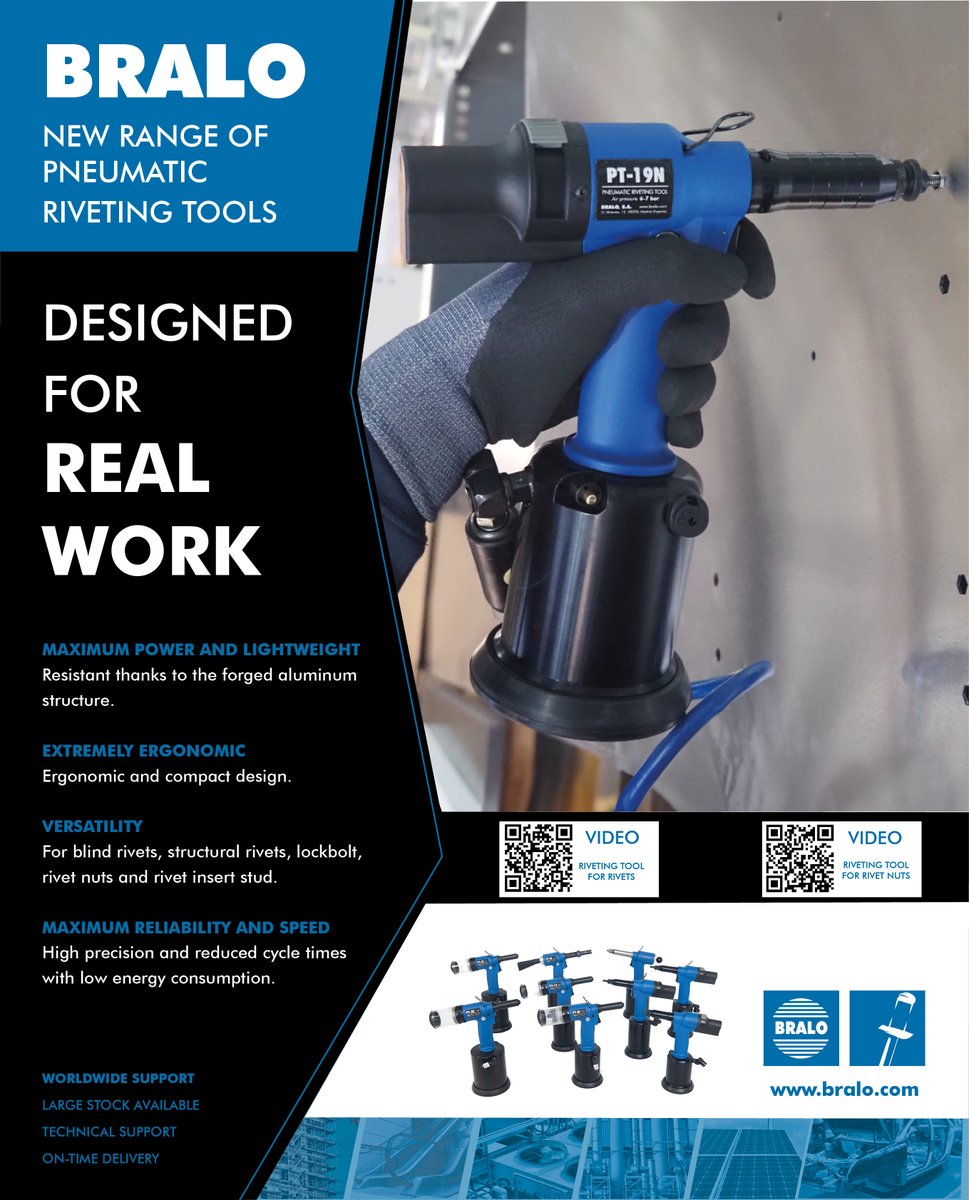 BRALO_es's tweet photo. Power, precision and reliability. The @BRALO_es  PT-19N and our pneumatic riveting tool range are designed for maximum performance.
✅ Lightweight forged aluminum body
✅ Easy maintenance with fewer components
✅ Fast, reliable &amp; energy-efficient
Discover https://t.co/mYDrNcMgrD https://t.co/fnNd1F0Oic