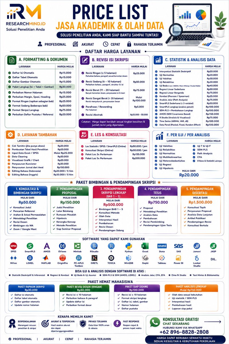 IkyJasaService's tweet photo. Open ya 
Jasa olah data joki Olah Data, Manipulasi Data dan Skripsi

Statistik
SPSS
SmartPLS / SEM-PLS
EViews
Minitab
RStudio
Stata
Excel
Jasp
Dll

Bab 4 Pembahasan (bonus bab 5) 
Publikasi Pembuatan Jurnal Sinta
Skripsi, Proposal, ujian
Dll

https://t.co/9e7dIwgsWm
#zonauang https://t.co/cm719MBk1y
