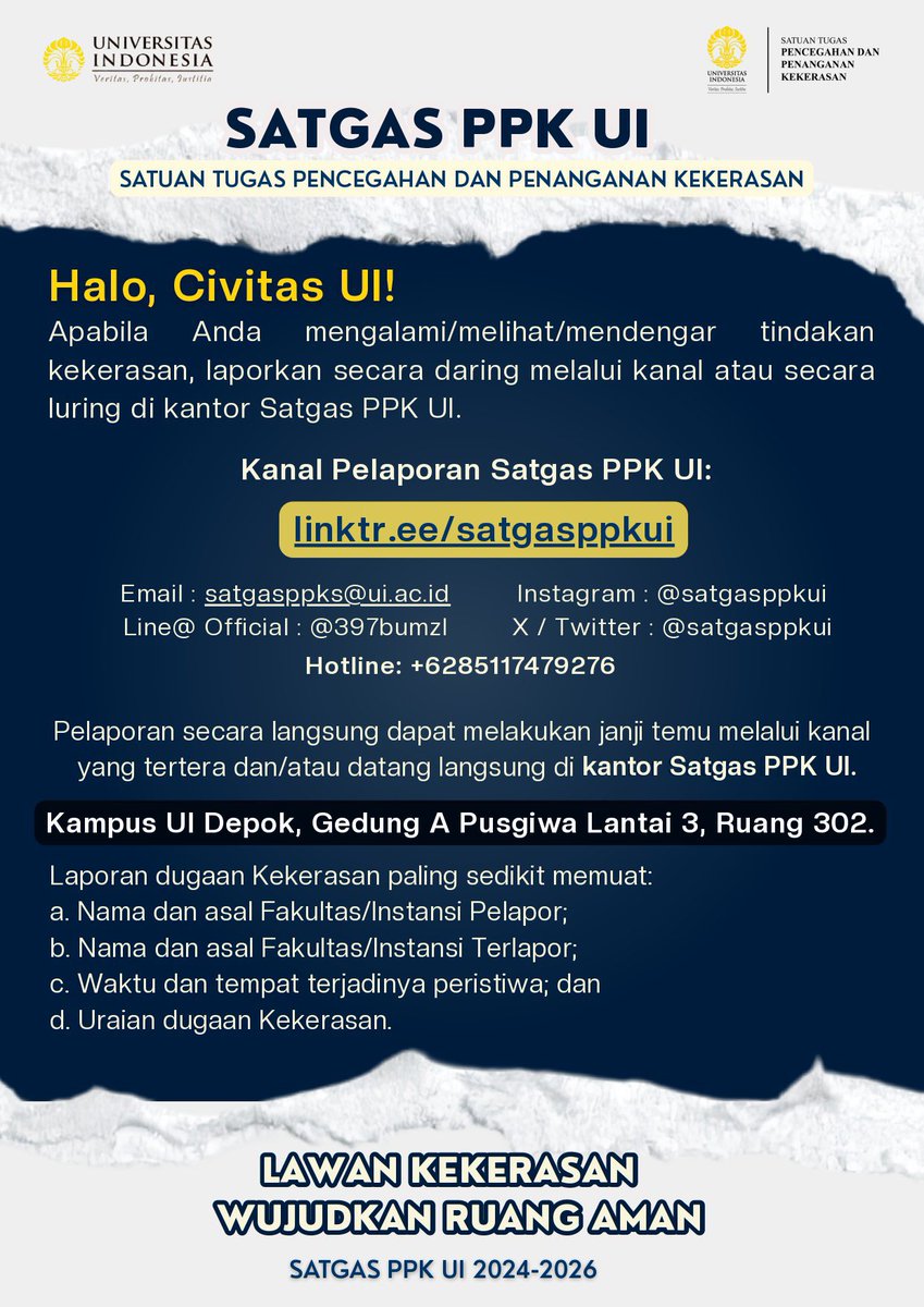 satgasppkui's tweet photo. @yappingfess Selamat siang,

Apabila ingin melaporkan tindak kekerasan yang Anda alami/lihat/dengar/saksikan, mohon akses formulir pelaporan di tautan linktree kami: https://t.co/sO0GK2FtWH

Terima kasih. https://t.co/CS3A1wJ7Fx
