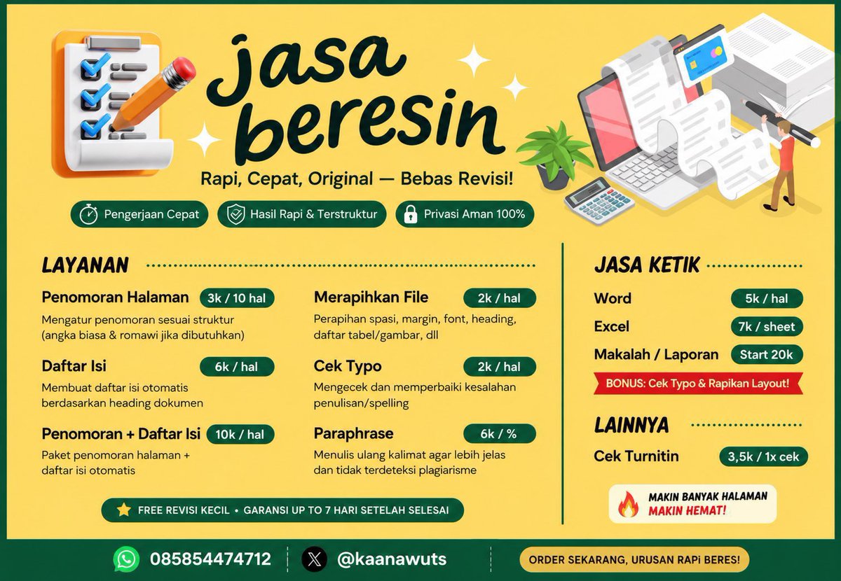 kaanawuts's tweet photo. yang mau joki tugas atau tanya-tanya bisa ya lgsg wa fast resp. btw aku juga skrng kerja sbg HR dan lulusan psikologi, jadi yang mau joki CV ATS/Kreatif boleh yaaa… fast resp wa https://t.co/NuM8eHMI2I cusss masih banyak slot hari iniii yukkk

#jokicv #jokitugas #zonauang https://t.co/6I3v1TTC1O