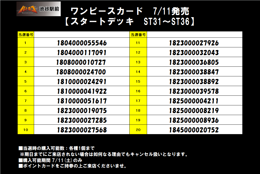 当選発表】 7/11(土)発売のワンピースカードスタートデッキの抽選結果