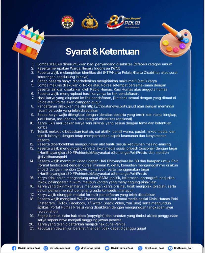 multimediagrob's tweet photo. 🎨 LOMBA MELUKIS DIFABEL 2026 🖌️✨

Karya terbaik lahir dari semangat, ketulusan, dan sudut pandang yang unik. Saatnya tunjukkan kreativitasmu melalui Lomba Melukis Difabel dengan mengangkat kisah tentang pengabdian Polri bagi masyarakat.

Tema:
🇮🇩 Polri untuk Masyarakat https://t.co/sh4Zc9Ip3b