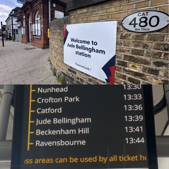 MadridXtra's tweet photo. 🚨 BREAKING: Bellingham station in London has been renamed “Jude Bellingham” station.

Originally planned for one day, it will now remain until Sunday after his performance against Mexico. https://t.co/wIM5tE7FXw