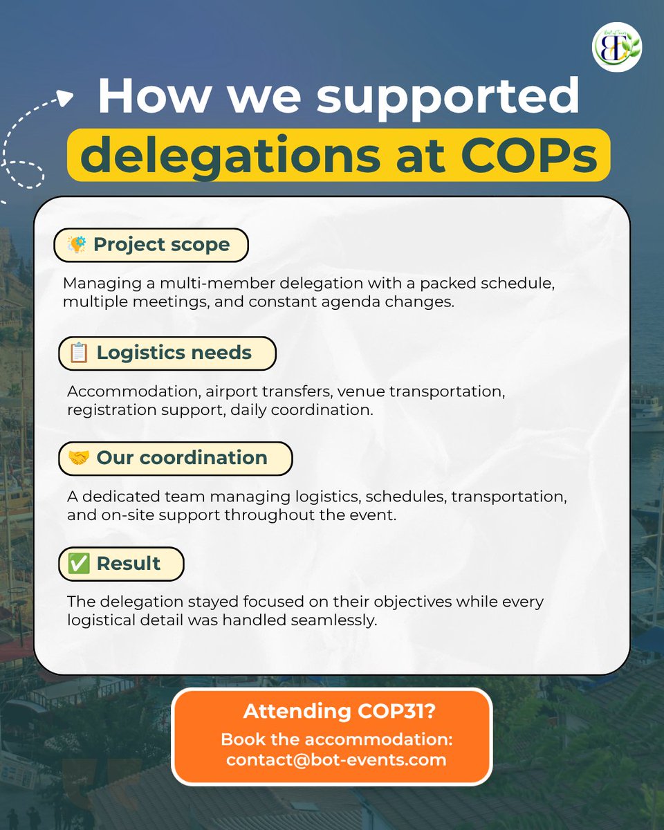 bot_events_'s tweet photo. Successful COP participation starts with seamless logistics. 

Planning for COP31? Learn how we can support your delegation: contact@bot-events.com

#COP31 #DelegationManagement #BOTEvents https://t.co/Mjtgm1qGXs