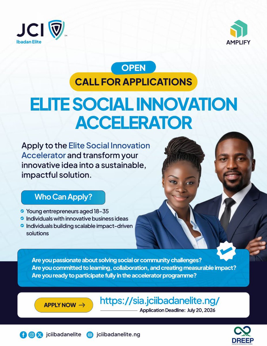 JCI_IbadanElite's tweet photo. 🚀 IT’S OFFICIAL!

Applications are now OPEN for the Elite Social Innovation Accelerator!

Are you building a solution that addresses a social or environmental challenge?

🔗 Apply here: 

https://t.co/vTYwY0Mzrr https://t.co/5coDcT46V6