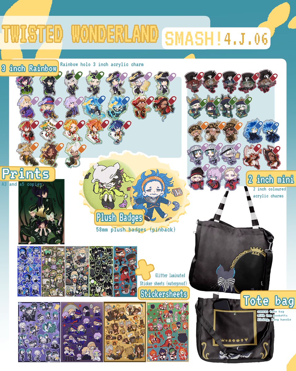 Solaryre's tweet photo. Hey !! I’ll be at level 4.J.06 for SMASH! This year. Bringing along with me ton of Twisted wonderland merch cause I’m so heavily addicted 😖 I’m still working on some more last minute stickers as well!! https://t.co/HguxYy8aRg