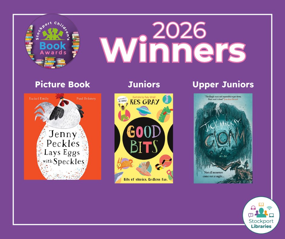 SMBC_Libraries's tweet photo. Congratulations to our winners at last night's Stockport Children's Book Awards!

Picture Book - Jenny Peckles Lays Eggs with Speckles, by Rachel Emily, illus Paul Delaney
Read for Juniors - Good Bits, by Kes Gray, illus Ruby Wright
Read for Upper Juniors - Gloam, by Jack Mackay https://t.co/J0EPecGrOK
