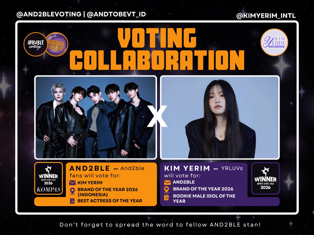 ANDTOBEVT_ID's tweet photo. 🏷️ NEW VOTING COLLABORATION
AND2BLE × KIM YERIM

Kami senang menyambut kolaborasi baru bersama @KIMYERIM_INTL untuk BRAND OF THE YEAR 2026 ♡

📲 Web for Vote Yerim:
https://t.co/Fa4izTSQyw

⭐️ Kategori
• KIM YERIM → BEST ACTRESS OF THE YEAR (AKTRIS TERBAIK)

🎯 Target: 150 Proof
📅 Sampai 12 Juli - 23.59 WIB
🗳️ 1 EMAIL = 1 VOTE

✅ Proof Valid
• 1 Proof = 2 Screenshot
(Pilih Nominee • Vote Berhasil)
• Jam harus terlihat.
• Sertakan watermark.
• Screenshot dapat dikirim terpisah atau dalam bentuk grid.
• Reply dengan #Vote_YERIMXAND2BLE

Kami berharap seluruh AND2BLE fans dapat ikut berpartisipasi dan mendukung kolaborasi ini ☘️ Let’s do our best together!

#Vote_YERIMXAND2BLE
#AND2BLE #KIMYERIM