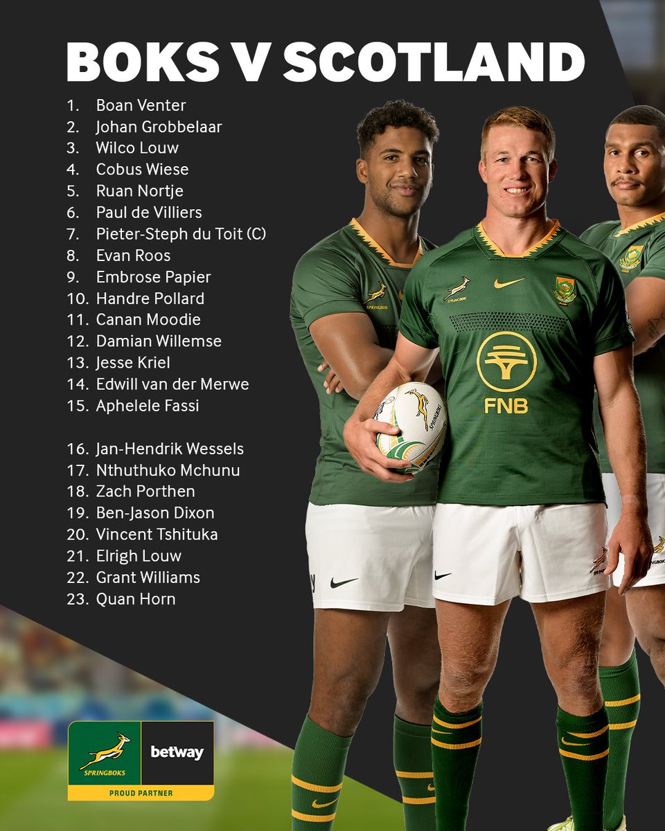 Betway_za's tweet photo. 🏉 The squad is locked. The jersey is earned. The mission is clear.

The Boks are ready for battle against Scotland this weekend. 🇿🇦💥

Drop a 💚 in the comments if you're backing the boys all the way!

#BehindEveryBok #Springboks #BoksvScotland https://t.co/oFpuG63jHo