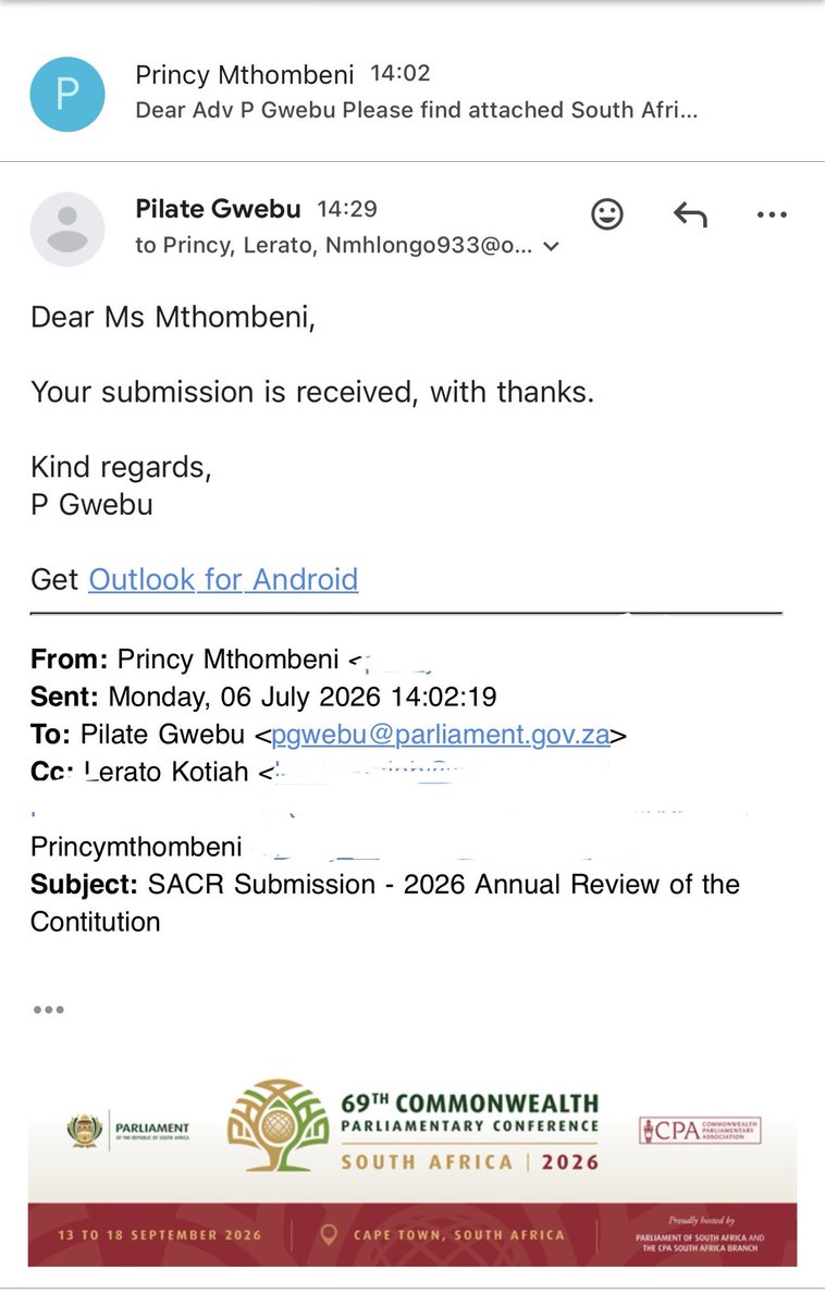 Princymthombeni's tweet photo. Yesterday, we submitted @sacr_official1 Constitutional Review submission to @ParliamentofRSA at 14:02.

At 14:29, we already had a response from the Committee acknowledging receipt. That’s a 27-minute turnaround.

Safe to say this time they weren’t going to miss our email.😂😂

#ConstitutionalReform