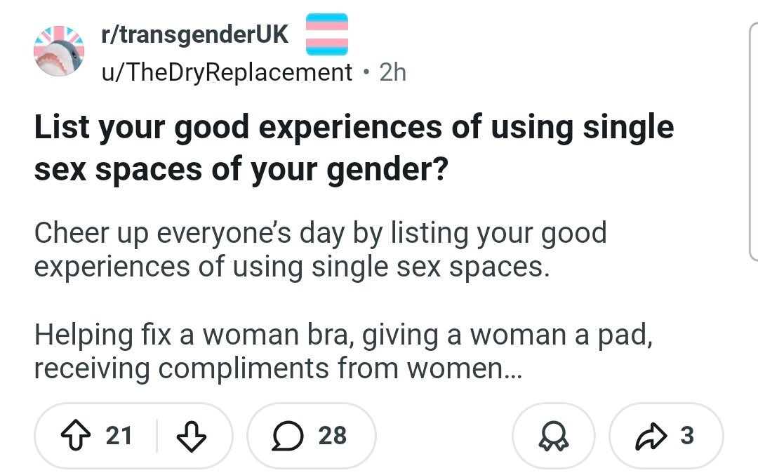 jk_rowling's tweet photo. A man asks other men to tell him about the times they entered a women’s bathroom or changing room and were invited to fiddle with a woman’s bra before being showered with compliments. https://t.co/E9OzdhvrEi